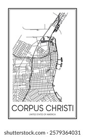 Printable downtown road map poster of the USA city of CORPUS CHRISTI on solid white background with city name