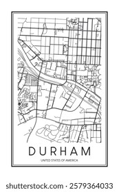 Printable downtown road map poster of the USA city of DURHAM on solid white background with city name