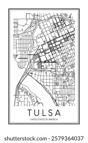 Printable downtown road map poster of the USA city of TULSA on solid white background with city name