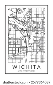 Printable downtown road map poster of the USA city of WICHITA on solid white background with city name