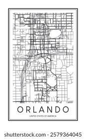 Printable downtown road map poster of the USA city of ORLANDO on solid white background with city name