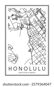 Printable downtown road map poster of the USA city of HONOLULU on solid white background with city name