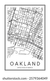 Printable downtown road map poster of the USA city of OAKLAND on solid white background with city name