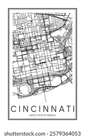 Printable downtown road map poster of the USA city of CINCINNATI on solid white background with city name