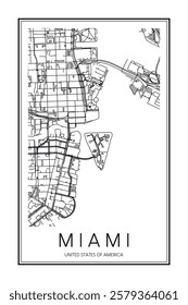 Printable downtown road map poster of the USA city of MIAMI on solid white background with city name