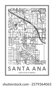 Printable downtown road map poster of the USA city of SANTA ANA on solid white background with city name