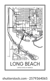 Printable downtown road map poster of the USA city of LONG BEACH on solid white background with city name