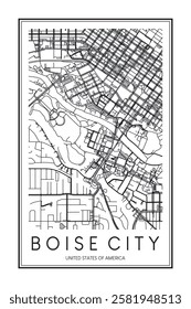 Printable downtown road map poster of the USA city of BOISE CITY on solid white background with city name