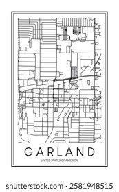 Printable downtown road map poster of the USA city of GARLAND on solid white background with city name