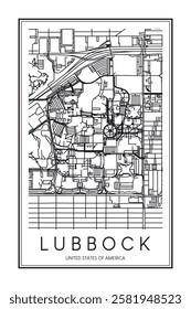 Printable downtown road map poster of the USA city of LUBBOCK on solid white background with city name