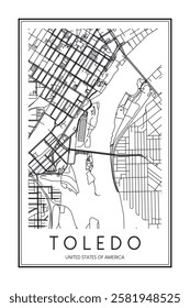 Printable downtown road map poster of the USA city of TOLEDO on solid white background with city name