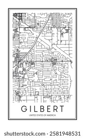 Printable downtown road map poster of the USA city of GILBERT on solid white background with city name