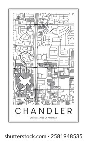 Printable downtown road map poster of the USA city of CHANDLER on solid white background with city name