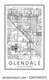 Printable downtown road map poster of the USA city of GLENDALE on solid white background with city name