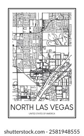 Printable downtown road map poster of the USA city of NORTH LAS VEGAS on solid white background with city name