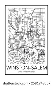 Printable downtown road map poster of the USA city of WINSTON-SALEM on solid white background with city name