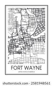 Printable downtown road map poster of the USA city of FORT WAYNE on solid white background with city name