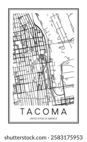 Printable downtown road map poster of the USA city of TACOMA on solid white background with city name