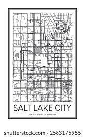 Printable downtown road map poster of the USA city of SALT LAKE CITY on solid white background with city name