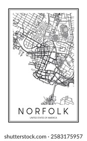 Printable downtown road map poster of the USA city of NORFOLK on solid white background with city name