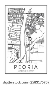 Printable downtown road map poster of the USA city of PEORIA on solid white background with city name