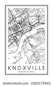 Printable downtown road map poster of the USA city of KNOXVILLE on solid white background with city name