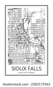 Printable downtown road map poster of the USA city of SIOUX FALLS on solid white background with city name