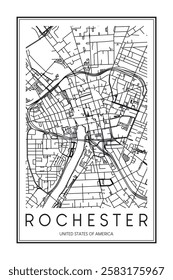 Printable downtown road map poster of the USA city of ROCHESTER on solid white background with city name