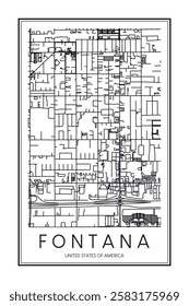 Printable downtown road map poster of the USA city of FONTANA on solid white background with city name