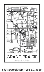 Printable downtown road map poster of the USA city of GRAND PRAIRIE on solid white background with city name