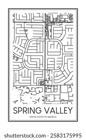 Printable downtown road map poster of the USA city of SPRING VALLEY on solid white background with city name