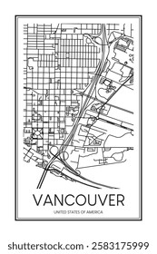 Printable downtown road map poster of the USA city of VANCOUVER on solid white background with city name