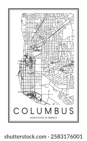 Printable downtown road map poster of the USA city of COLUMBUS on solid white background with city name