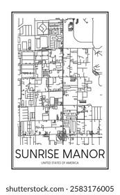 Printable downtown road map poster of the USA city of SUNRISE MANOR on solid white background with city name