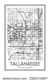 Printable downtown road map poster of the USA city of TALLAHASSEE on solid white background with city name