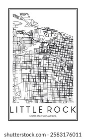 Printable downtown road map poster of the USA city of LITTLE ROCK on solid white background with city name