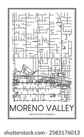 Printable downtown road map poster of the USA city of MORENO VALLEY on solid white background with city name