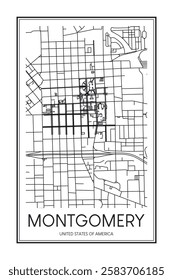 Printable downtown road map poster of the USA city of MONTGOMERY on solid white background with city name