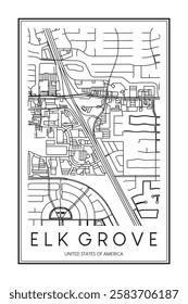 Printable downtown road map poster of the USA city of ELK GROVE on solid white background with city name