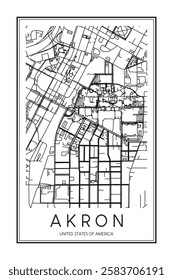 Printable downtown road map poster of the USA city of AKRON on solid white background with city name