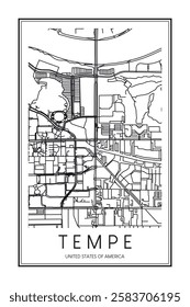 Printable downtown road map poster of the USA city of TEMPE on solid white background with city name