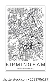 Printable downtown road map poster of the USA city of BIRMINGHAM on solid white background with city name