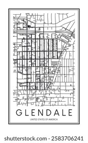 Printable downtown road map poster of the USA city of GLENDALE on solid white background with city name