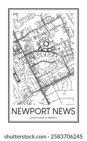 Printable downtown road map poster of the USA city of NEWPORT NEWS on solid white background with city name