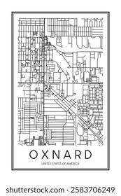 Printable downtown road map poster of the USA city of OXNARD on solid white background with city name