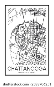 Printable downtown road map poster of the USA city of CHATTANOOGA on solid white background with city name