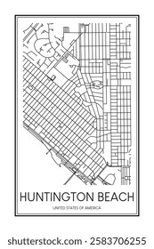 Printable downtown road map poster of the USA city of HUNTINGTON BEACH on solid white background with city name