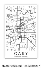 Printable downtown road map poster of the USA city of CARY on solid white background with city name