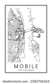 Printable downtown road map poster of the USA city of MOBILE on solid white background with city name