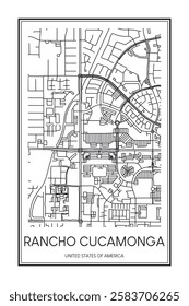 Printable downtown road map poster of the USA city of RANCHO CUCAMONGA on solid white background with city name